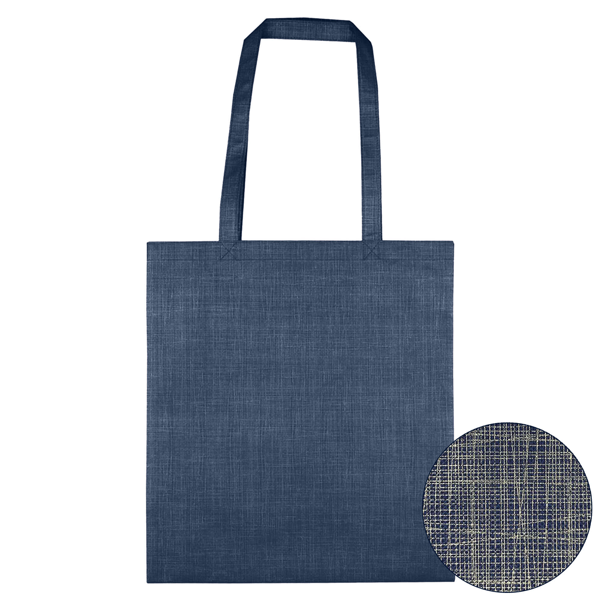 A navy blue non-woven bag with a silver line pattern, featuring two handles and a detailed texture insert.