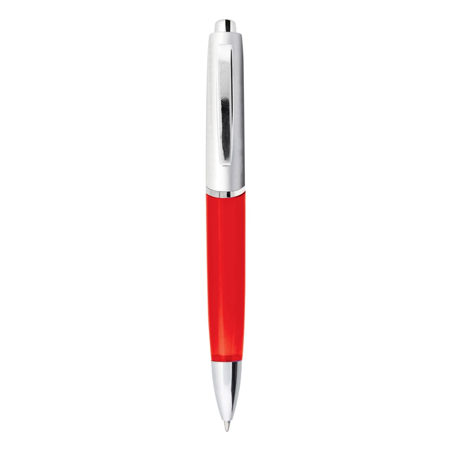 A red metal pen with a silver clip and tip, featuring a logo on the side.