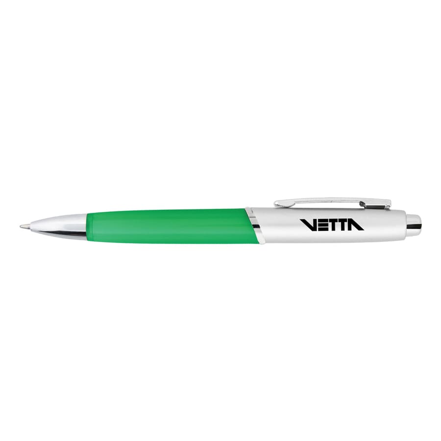 A metal pen with a green barrel and silver accents, featuring a logo on the side.