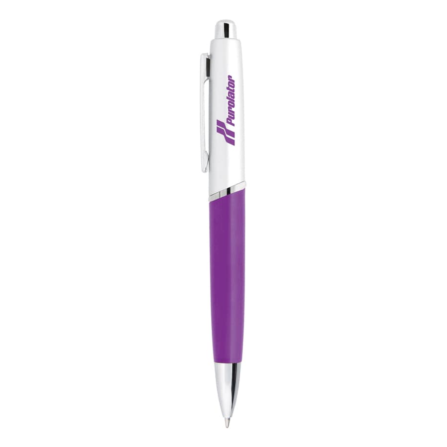 A purple metal pen with a chrome clip and accents, featuring a logo.