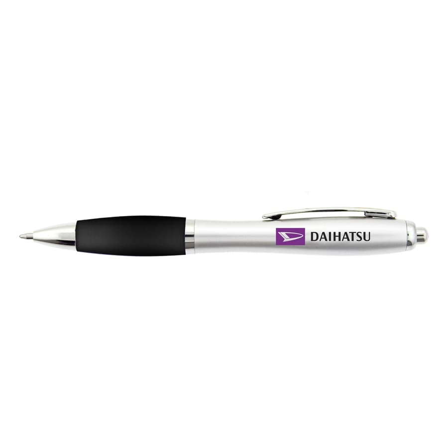 A silver pen with a black grip and a logo, featuring a sleek design and chrome accents.