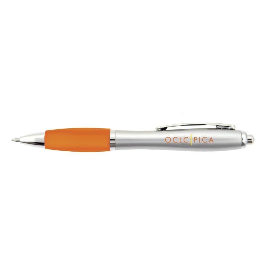 A silver pen with an orange grip and branding on the barrel, designed for writing purposes.