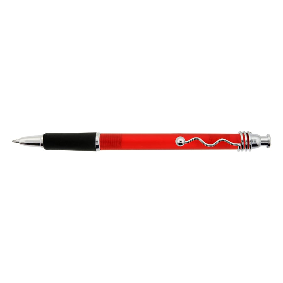 A red plastic pen with silver accents and a black grip, featuring a logo on the body.