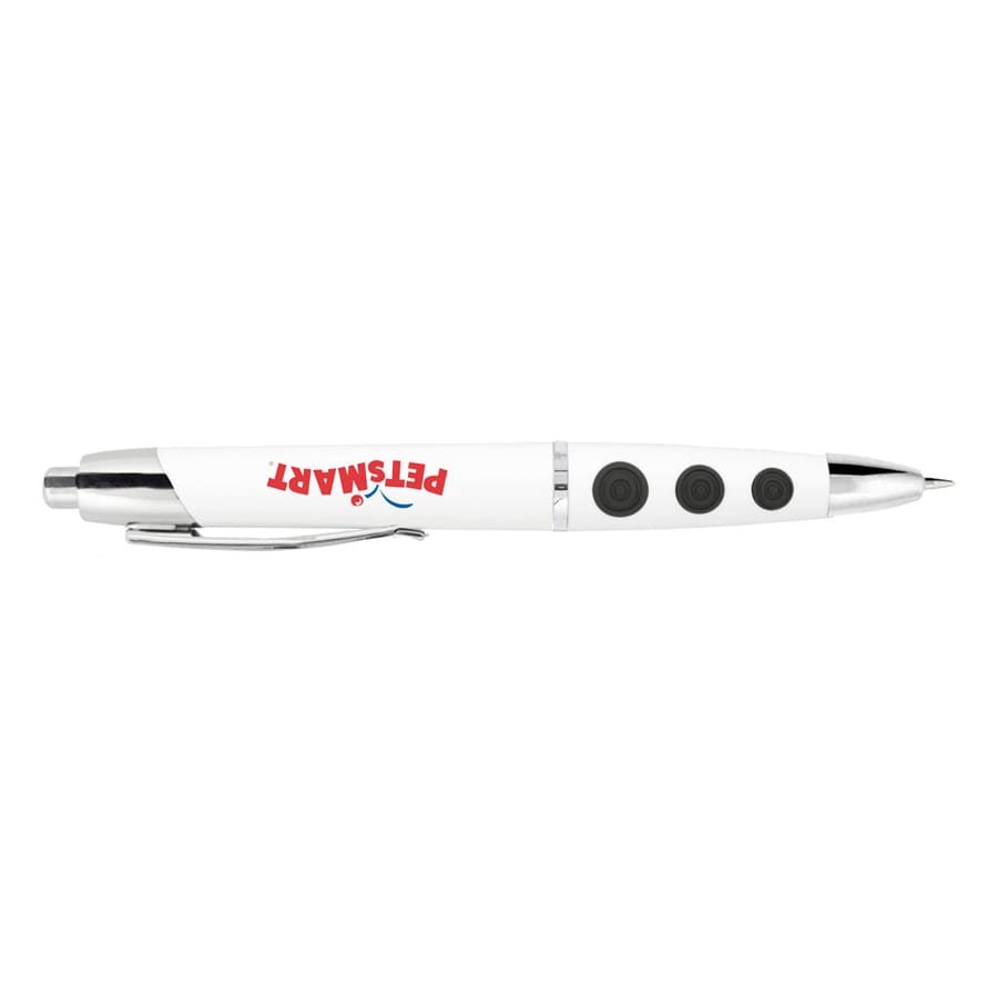 A white plastic pen with a silver clip and three black buttons, featuring a logo on the barrel.