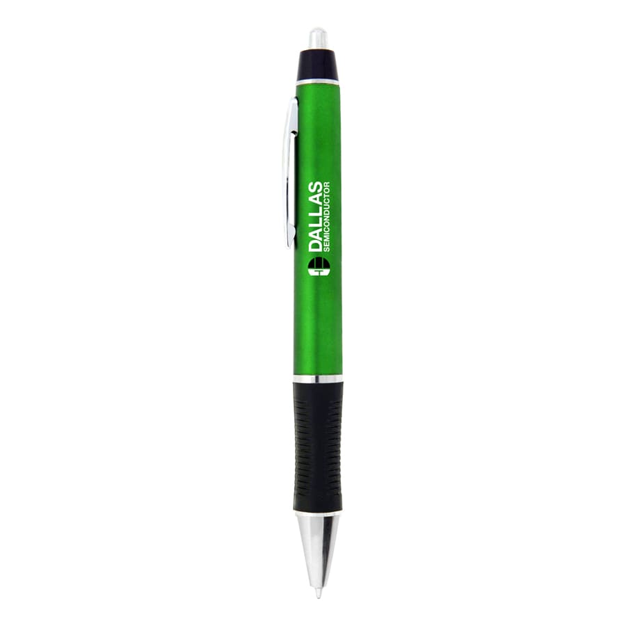 A green plastic pen with a silver clip and black grip, featuring a logo on the barrel.