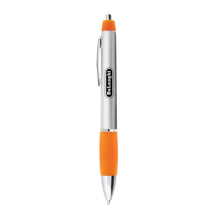 A silver and orange metal pen with a clip and branding on the barrel.