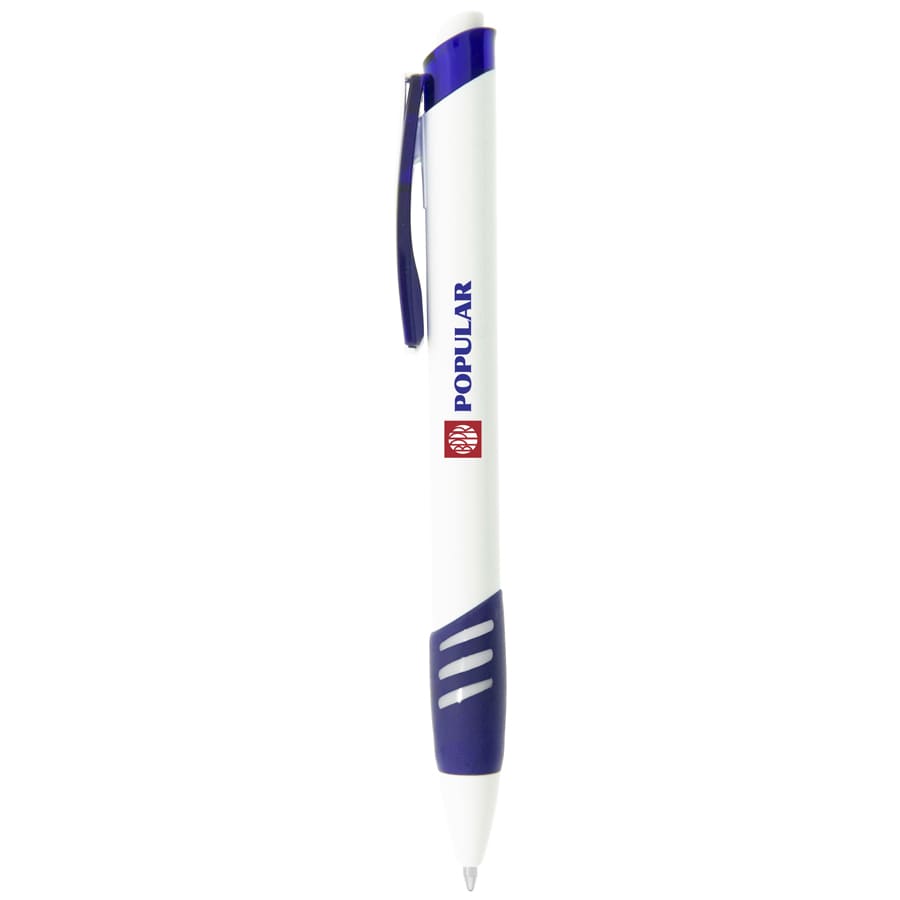 A white and blue pen with a logo on the side, featuring a sleek design typical of plastic pens.