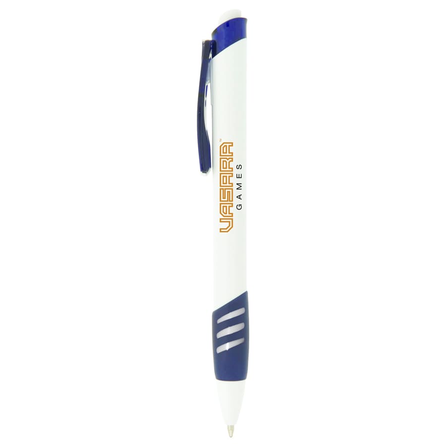 A plastic pen in white and blue with a logo, featuring a clip for attachment.