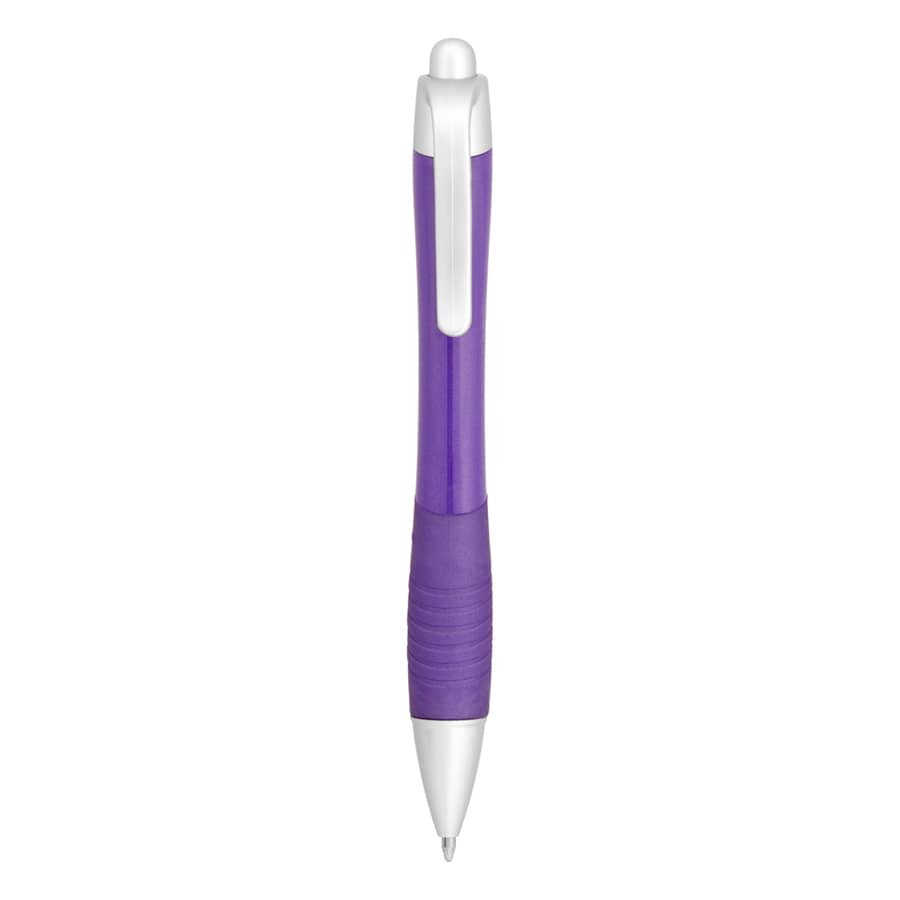 A purple and white metallic pen with a textured grip and a clip, featuring a logo.