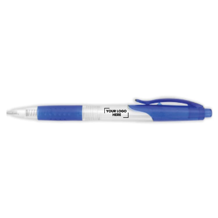 A plastic pen with a transparent barrel and blue accents, featuring a logo area.