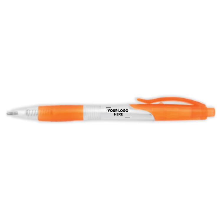 A plastic pen with a transparent barrel and orange accents, featuring a space for a logo.