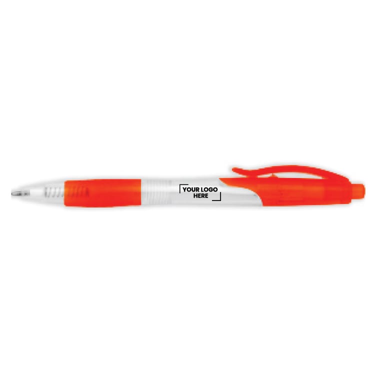 A plastic pen in orange and white with a branding area and a clip for easy attachment.