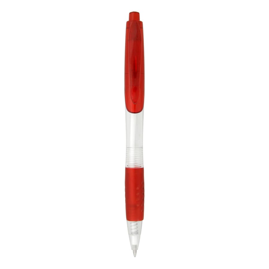 A plastic pen with a transparent barrel and a red grip and top. It has a logo on its side.