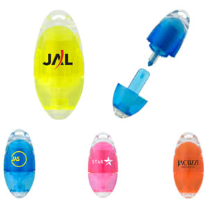 A collection of highlighters in yellow, blue, pink, and orange, featuring various logos and a unique shape.