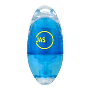 A blue highlighter in an oval shape with a logo on the side.