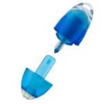 A highlighter in blue with a transparent cap, featuring a branded logo on the body.