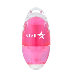 A highlighter in a clear and vibrant pink casing, featuring a logo on the side.
