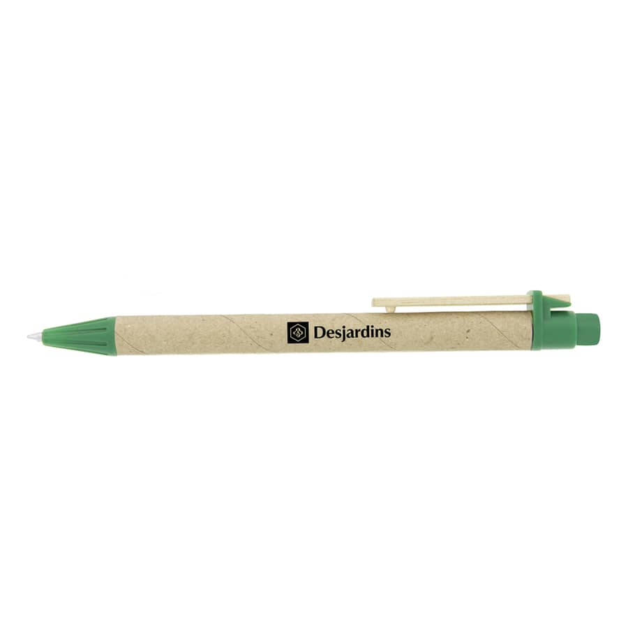 A green and natural-coloured pen featuring a clip and a branding logo.
