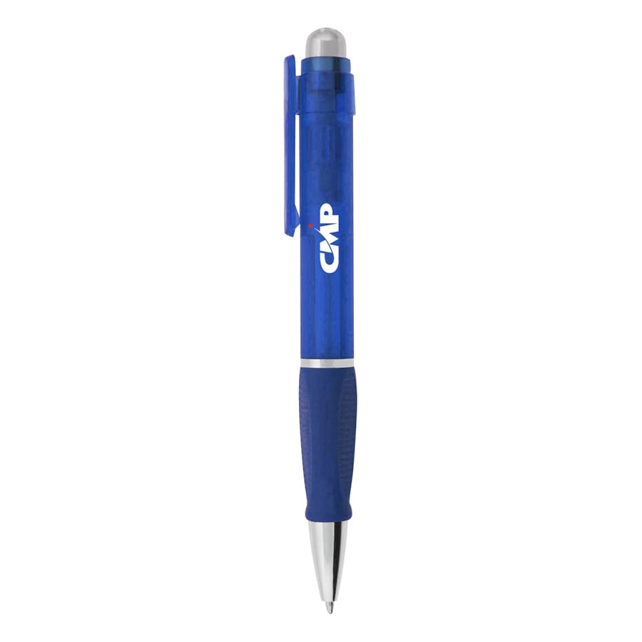 A blue plastic pen with a textured grip and a clip, featuring a logo on the barrel.