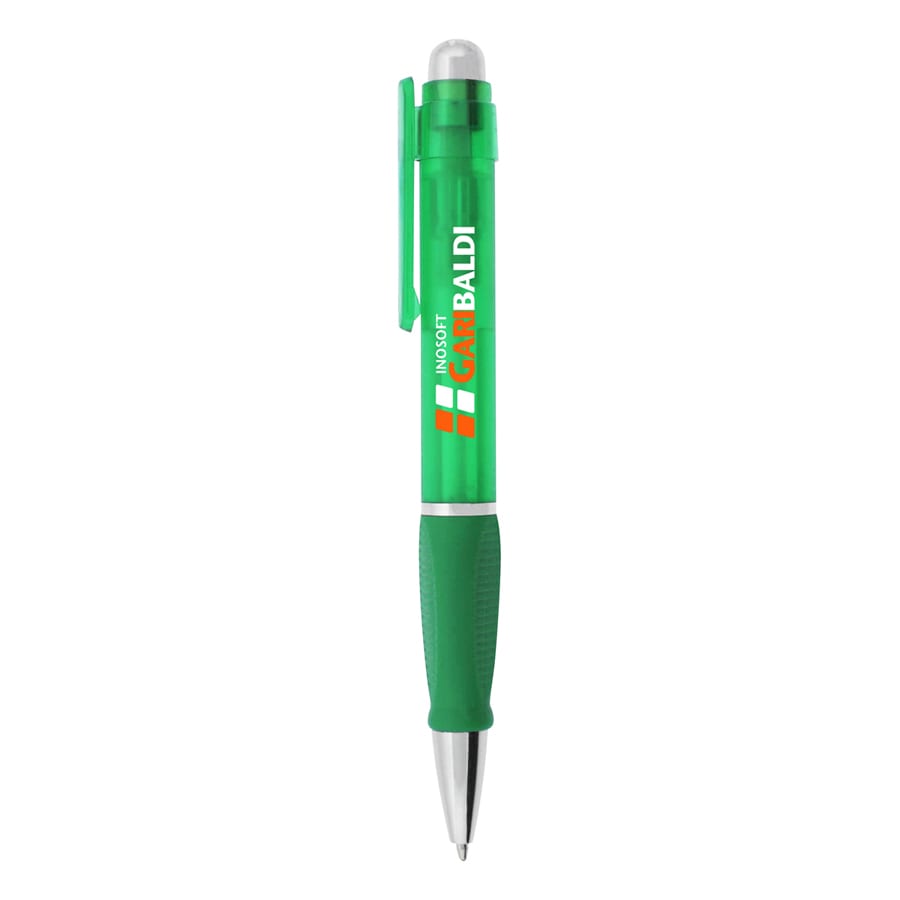 A plastic pen with a green body, featuring a rubber grip and a clip, including a logo on the barrel.