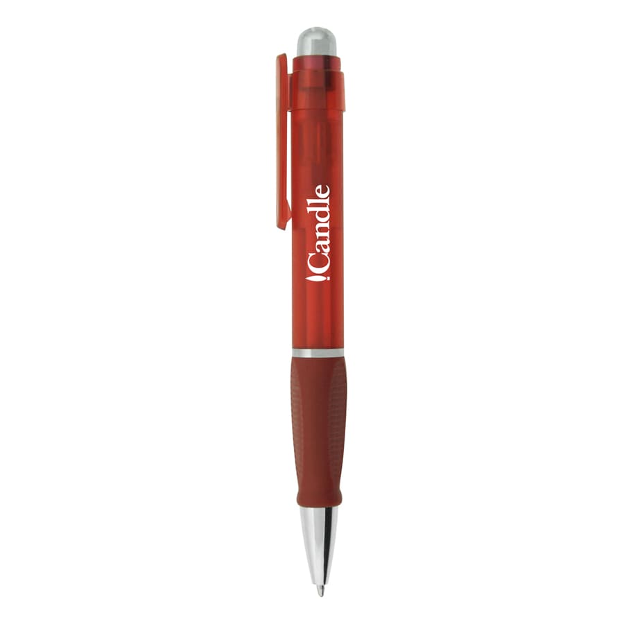 A red plastic pen with a textured grip and a logo printed on the barrel.