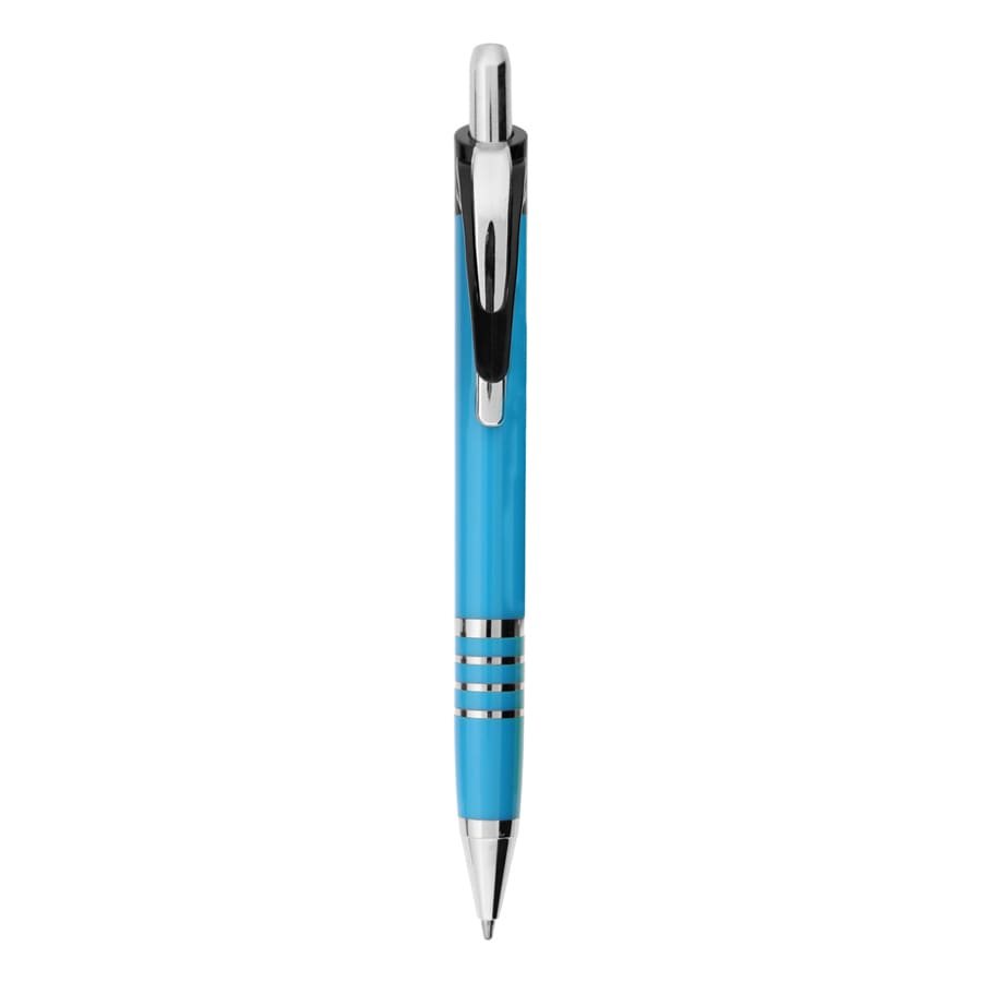 A blue metal pen with a shiny chrome clip and decorative bands. The pen features a sleek design.
