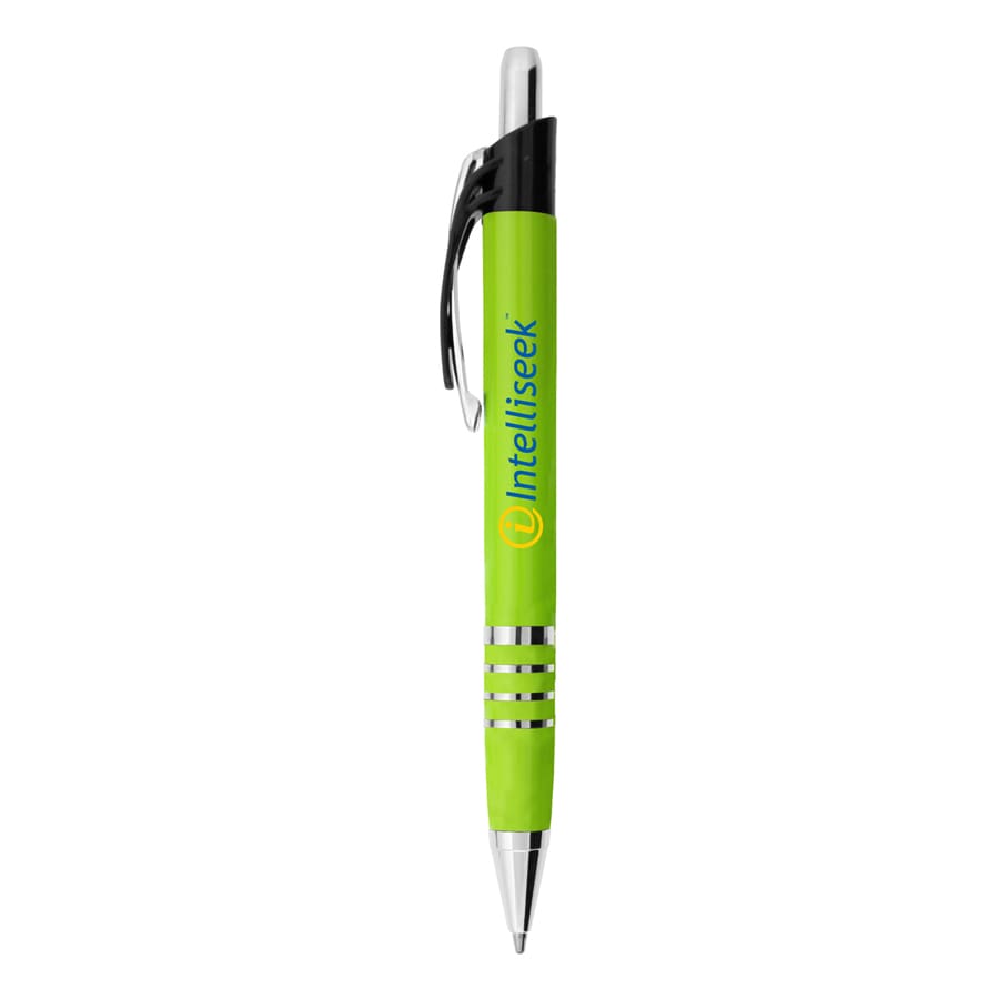 A metal pen in bright green with a black clip and silver accents; features a logo.