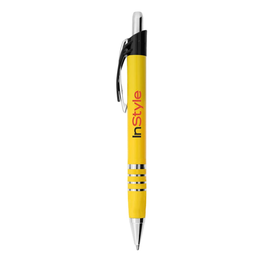 A yellow metal pen with silver accents and a clip, featuring a logo on the barrel.