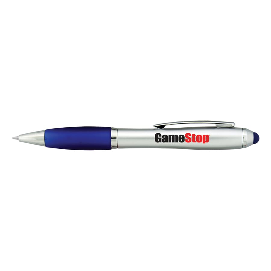 A silver stylus pen with a blue grip, featuring a logo on the barrel.