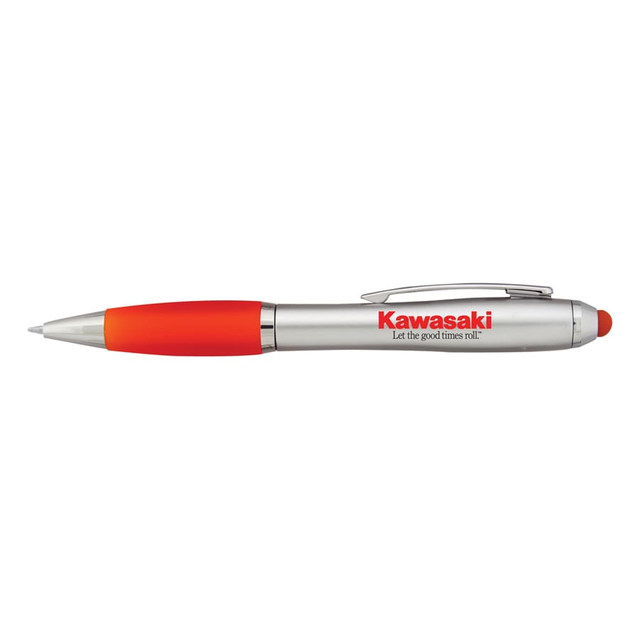 A silver stylus pen with a red grip and tip, featuring a brand logo.