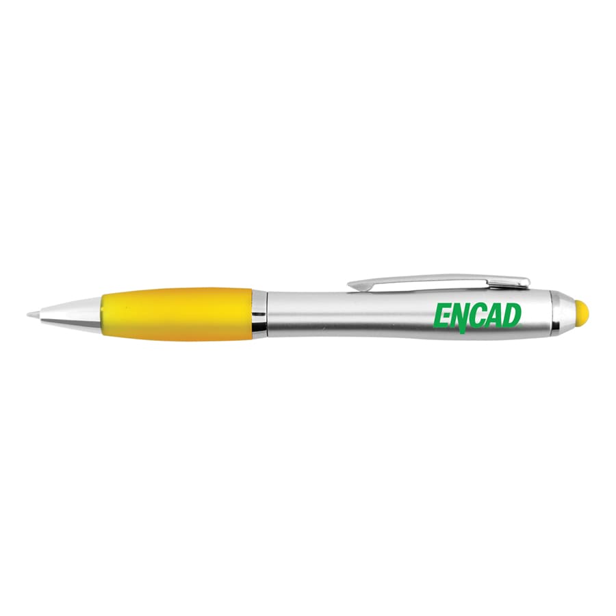 A silver stylus pen with a yellow grip and a clip. The pen features a branding logo.