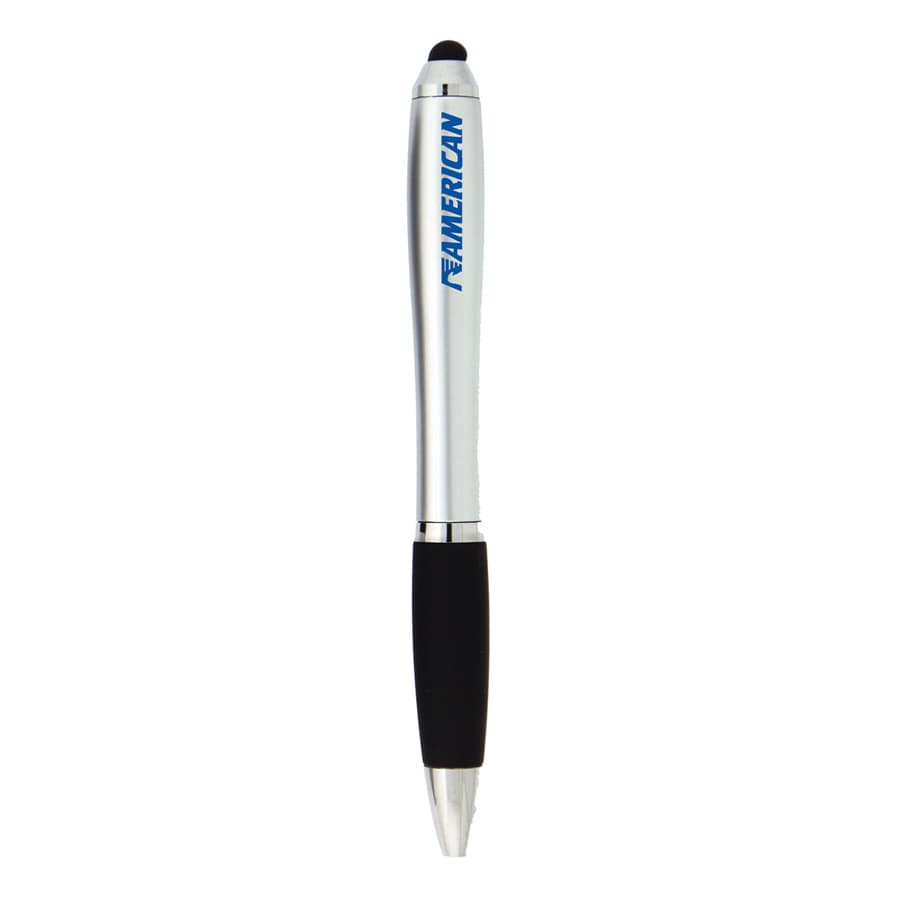 A silver stylus pen with a black grip and a brand logo on the side.
