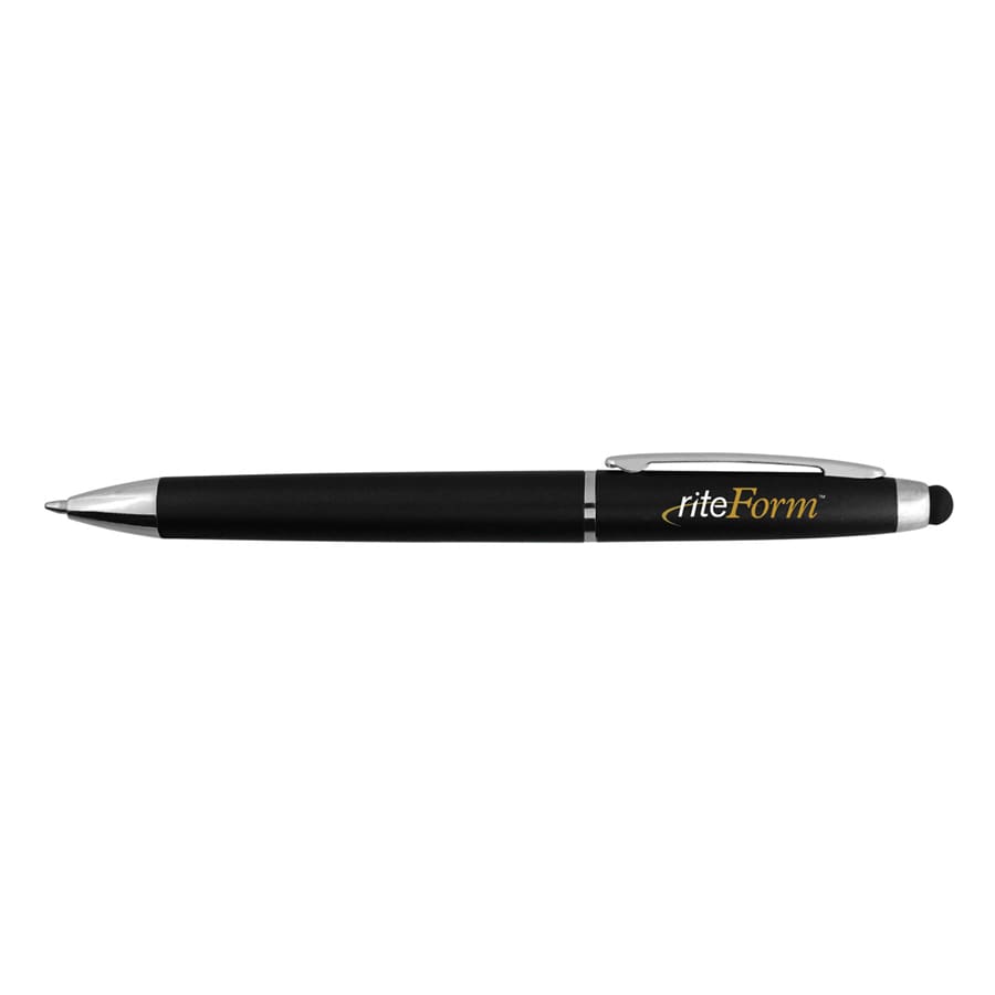 A sleek black stylus pen with a silver clip, featuring a branding logo. Ideal for writing and touchscreens.