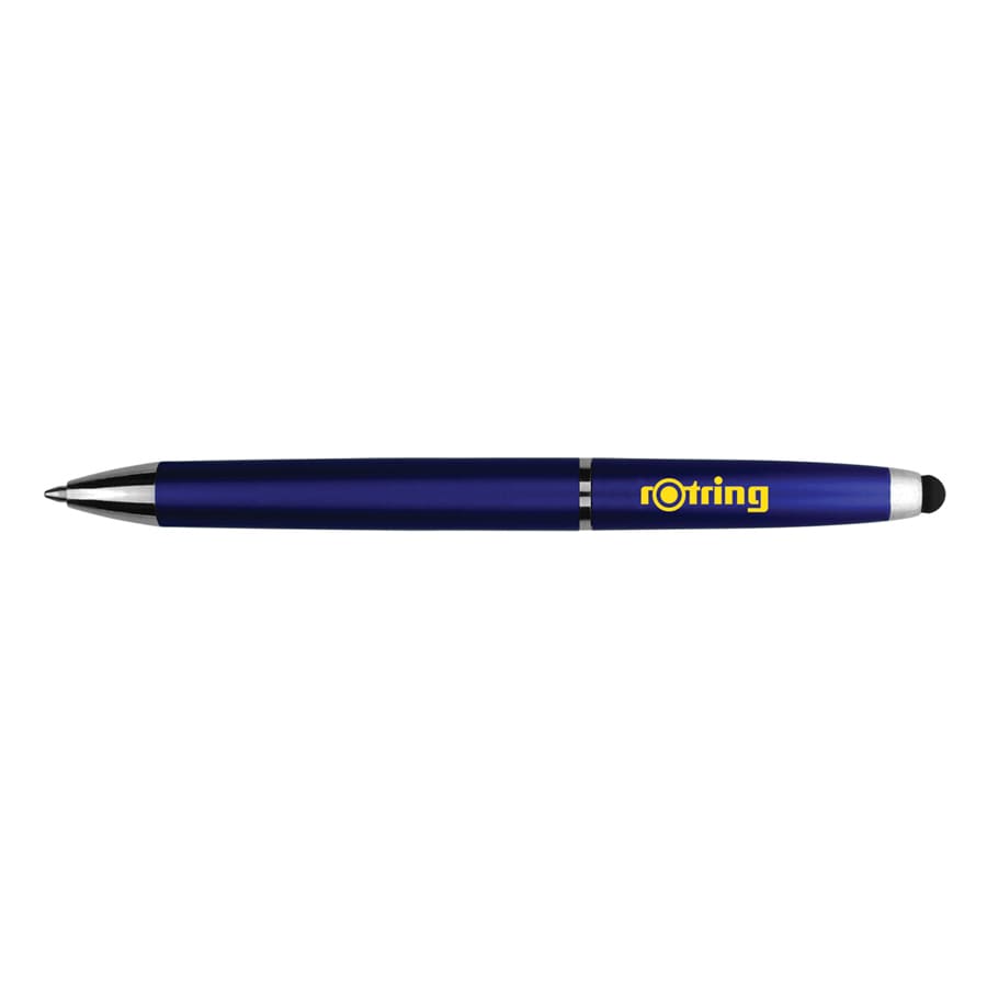 A blue stylus pen with a silver trim and branding.