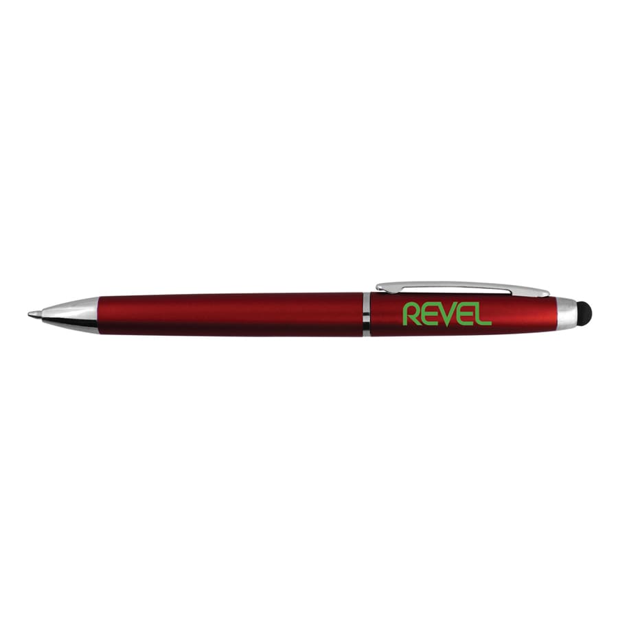 A red stylus pen with a silver clip and a black tip, featuring a logo on the side.