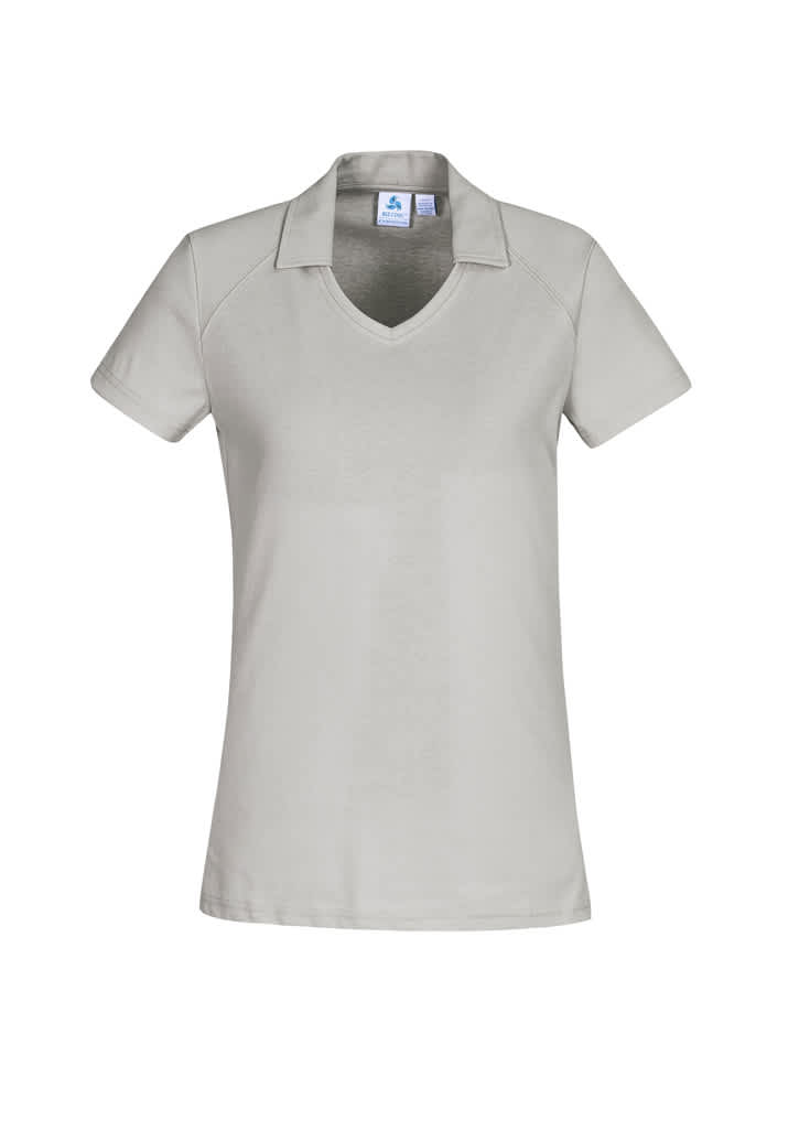 Light grey women's short sleeve polo shirt featuring a collar and a logo. Ideal for casual wear.