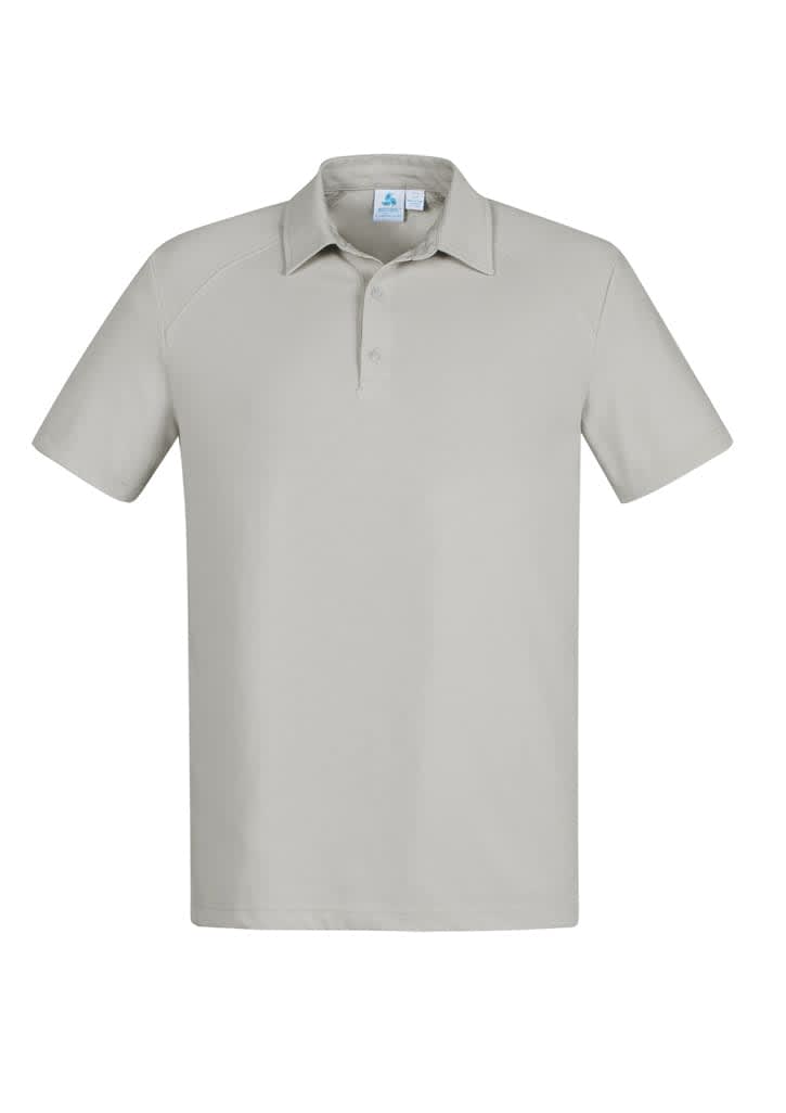 A short sleeve polo shirt in a light grey colour, featuring a collar and branding on the label.