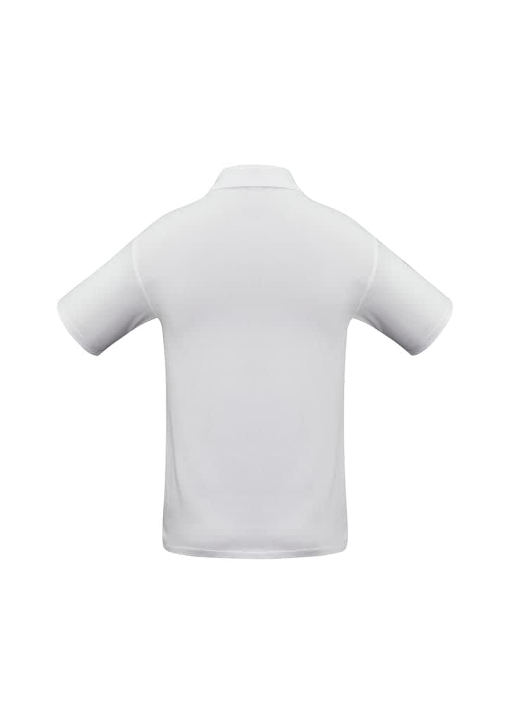 A white short sleeve polo shirt featuring a collar and a logo on the back.