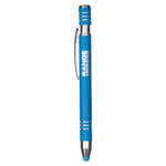 A blue metal pen with a silver clip and accents, featuring a logo.