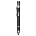 A black metal pen with silver accents and a clip, featuring a branded logo.