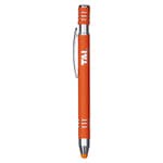 An orange metal pen with a silver clip, featuring branding and a sleek design.