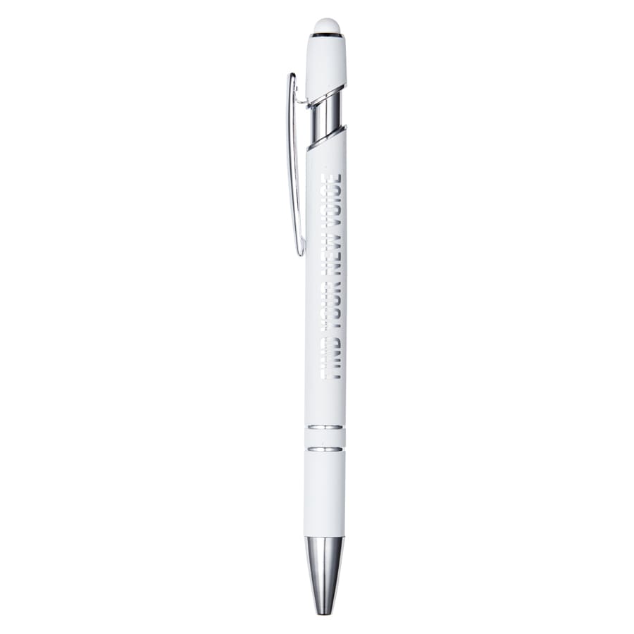 A metal pen in white, featuring a chrome clip and tip, with a stylus at the end and a logo.