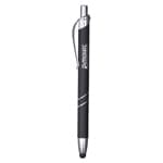 A black metal pen with silver accents and a clip. Features a sleek design and a logo.