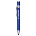 A blue metal pen featuring a shiny silver clip and branding on its barrel.