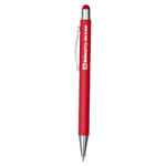 A red metal pen with a silver clip and tip, featuring a logo on its body.