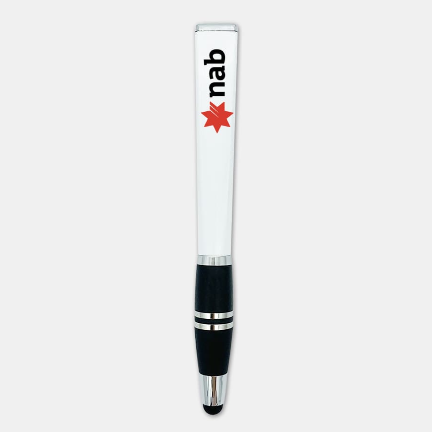 A white stylus pen with a black grip and an emblem on the side. It features a shiny silver top and accents.