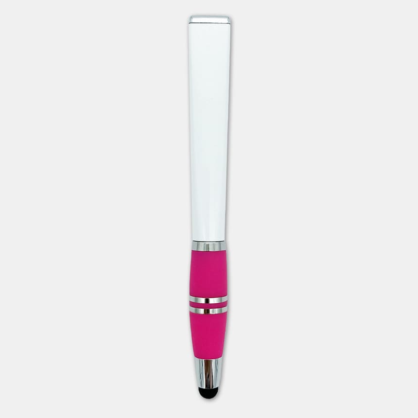 A stylus pen featuring a white upper section and a pink rubber grip, with silver accents and a branding logo.