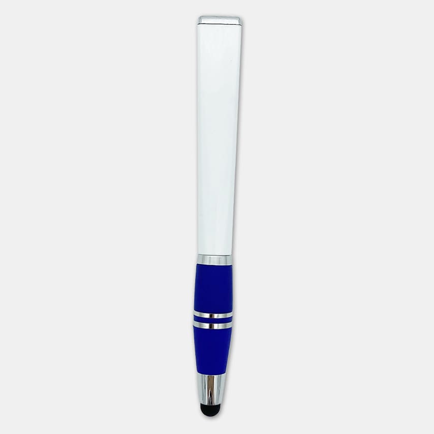 A stylus pen with a blue grip and silver accents, featuring a branding logo.