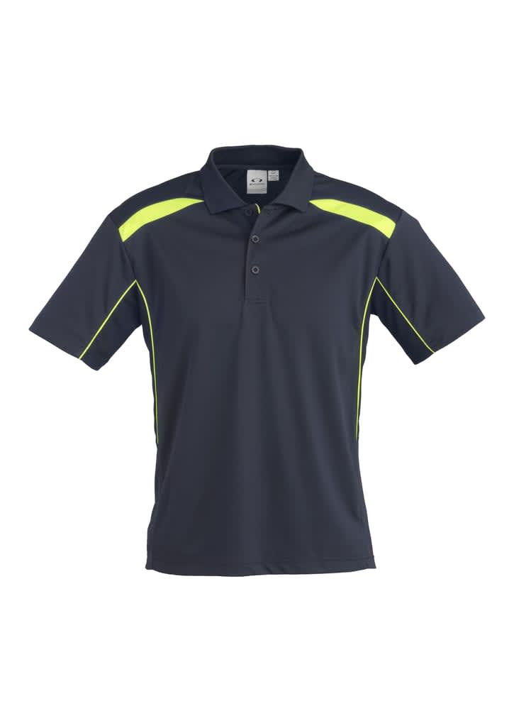 A navy blue polo shirt featuring bright yellow accents and a logo on the front. Short sleeves and a classic collar design.