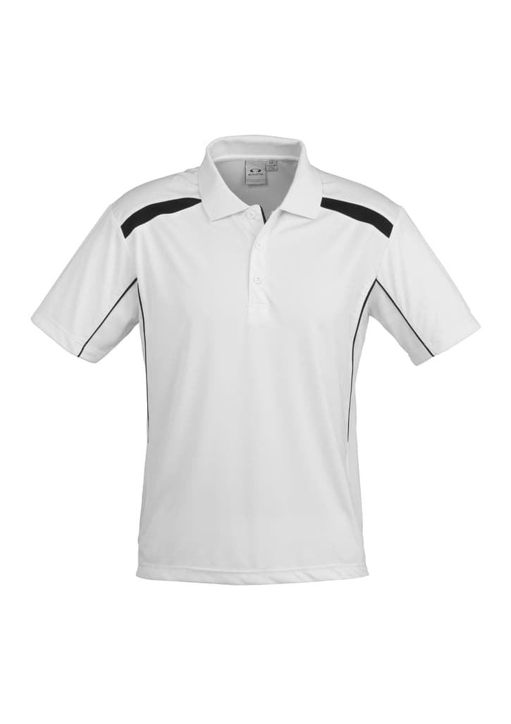 A white short sleeve polo shirt with black accents and a logo on the chest.